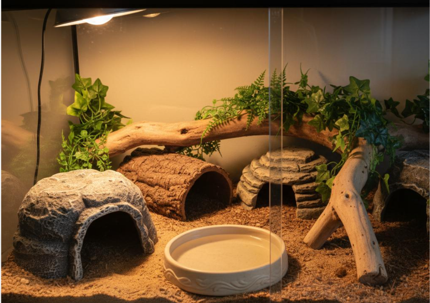 Reptile Habitat Accessories Including Feeding Dish and Hiding Cave